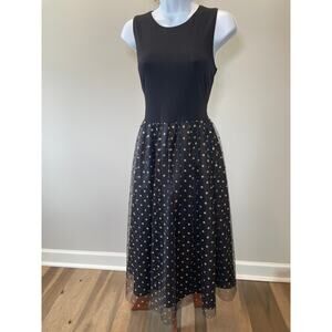 Calvin Klein Black Sleeveless Dress with Tulle Gold Polka Dot Skirt – Size 8